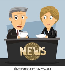 News Anchor Journalist Anchorwoman and Anchorman TV News Broadcast, vector illustration cartoon.