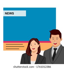 News anchor men and woman headline tv. Breaking news - News announcer in the studio. Vector flat illustration