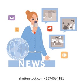 News anchor with microphone reporting international news. Social media blogger, tv show or newsmaker. Daily or weekly information summary, vector concept