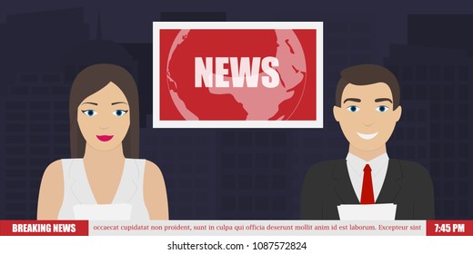 News Anchor on TV Breaking News background. vector illustration in flat design.
