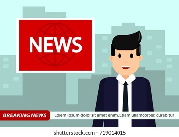 News Anchor on TV Breaking News background. Man in suit and tie. Cool vector illustration in flat design.