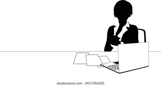 News anchor presenter or business person seated at a desk with laptop in silhouette