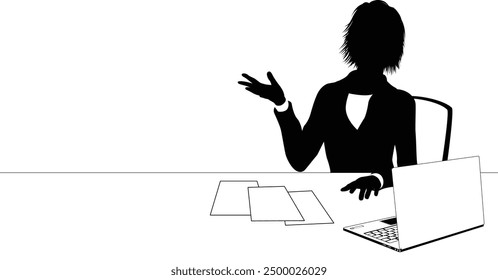 News anchor presenter or business person seated at a desk with laptop in silhouette