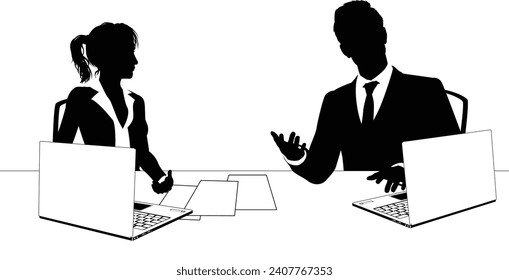 News anchor presenters or business people seated at a desk with laptops in silhouette