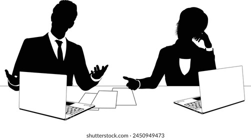 News anchor presenters or business people seated at a desk with laptops in silhouette