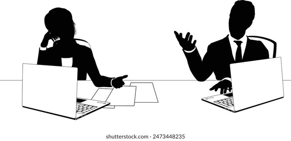 News anchor presenters or business people seated at a desk with laptops in silhouette