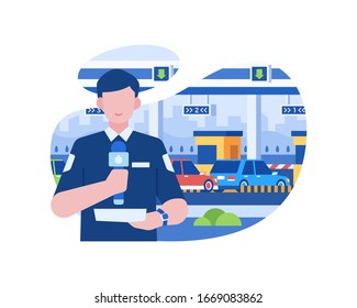 A News Anchor Is Reporting Traffic Flow In Front Of The Toll Gate Illustration Vector