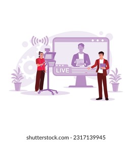News anchors appear confidently on television shows and are partnered with by camera operators. Trend Modern vector flat illustration.