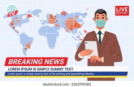 News anchors with medical mask reporting spread pandemic in TV studio presenters on breaking news with world map background