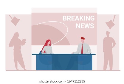 News anchors on breaking news background. Presenter, journalists, partners flat vector illustration. TV show, studio, broadcasting concept for banner, website design or landing web page