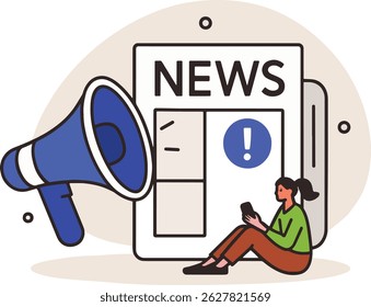 News Announcement Vector Illustration with Megaphone and Woman.