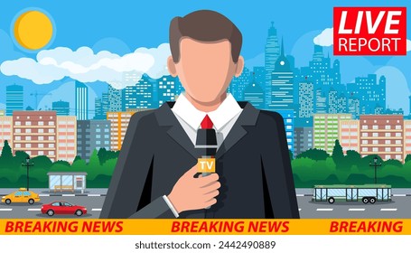 News announcer in the studio. Cityscape with buildings, clouds, sky, sun. Journalism, live report, breaking hot news, television and radio casts concept. Vector illustration in flat style