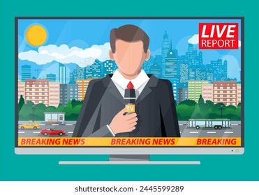 News announcer in the studio. Cityscape with buildings, clouds, sky, sun. Journalism, live report, breaking hot news, television and radio casts concept. Vector illustration in flat style