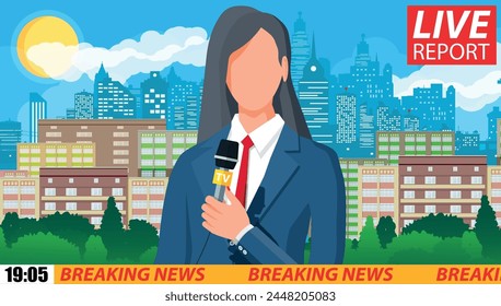 News announcer in the studio. Cityscape with buildings, clouds, sky, sun. Journalism, live report, breaking hot news, television and radio casts concept. Vector illustration in flat style