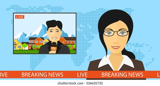 News announcer in the studio with a reporter live on screen, breaking news and television concept with globe map background, flat style illustration 