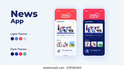 News app cartoon smartphone interface vector templates set. Mobile app screen page day mode design. Latest journalist reports and news updates UI for application. Phone display with flat illustrations