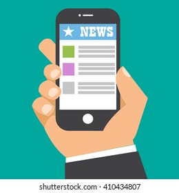 News app on smartphone screen. Online digital media. Hand holds smartphone, finger touch screen. Modern concept for web banners, web sites.  creative flat design vector illustration