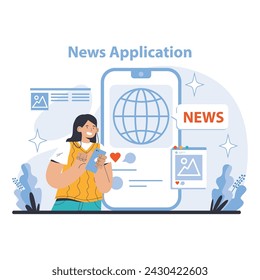 News Application concept. Instant access to global updates and personalized content. Modern user interaction with current events. Mobile journalism on the go. Flat vector illustration.