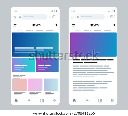 News application interface headline banners and article list on white background for online media magazine or blog reading platform mobile app design