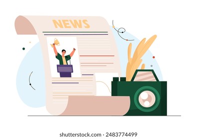 News article concept. Camera near paper sheet. Information and knowledge. Mass media and journalism. Journal and gazette, presentation. Flat vector illustration isolated on white background