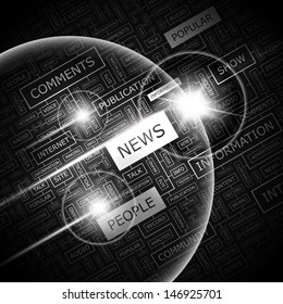 NEWS. Background concept wordcloud illustration. Print concept word cloud. Graphic collage with related tags and terms. Vector illustration. 
