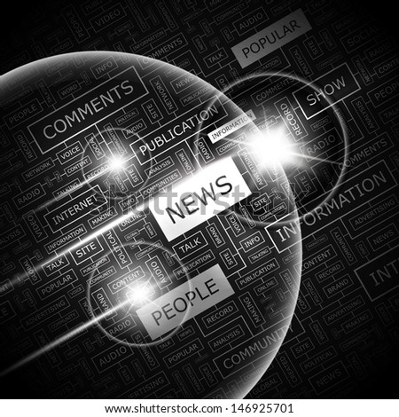 NEWS. Background concept wordcloud illustration. Print concept word cloud. Graphic collage with related tags and terms. Vector illustration. 