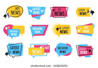 News badge. Promotion stickers with megaphone and text bulb, breaking news announcement. Vector newspaper cartoon tags for daily headline hot information