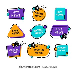 News badges and banners flat icon collection. Headline for hot, breaking, sport, live, fake and world news vector illustration set. Latest important newsletter and TV show concept