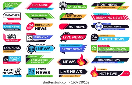 News banner. Breaking header, 24 live news and sport bar banner templates vector set. Collection of lower thirds or graphic overlays for television newscast show, internet media, online broadcasting.