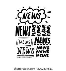 News Banner, Different Handwritten Lettering Styled Word News. Black Vector Text Collage, Typography Caption.