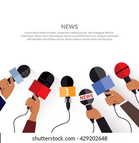 News banner poster template flat. Set of microphone. Media tv and interview, information for television, broadcasting mass and communication, collection microphones in hand. Vector illustration 