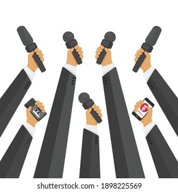 News banner poster vector template. Set of microphone. Concept of Media tv and interview, information for television, broadcasting mass and communication. Live report, live news illustration. 