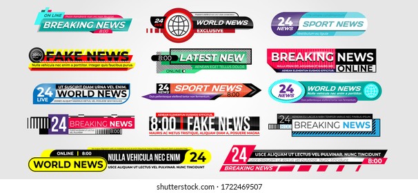 News bar. Lower third news banner vector set. Breaking tv news emblem, fakenews, streaming video sign. TV broadcast lower third banner template.