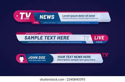 News bar lower third header, tv headline that display essential information on television broadcasts. Vector video titles, modern blue and red overlay. Isolated strips, layout with text template