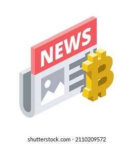 Etiqueta de bitcoin de noticias. Vector 3d línea isométrica, iconos de color web, nuevo estilo plano. Idea de diseño creativo para infografías.