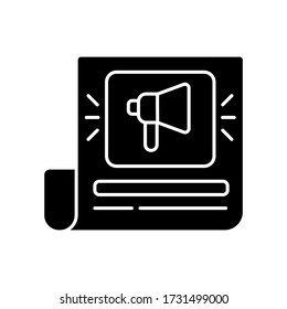 News black glyph icon. Page with announcement. Sheet of paper with loudspeaker sign. Advertisement in newsletter. Daily article. Silhouette symbol on white space. Vector isolated illustration
