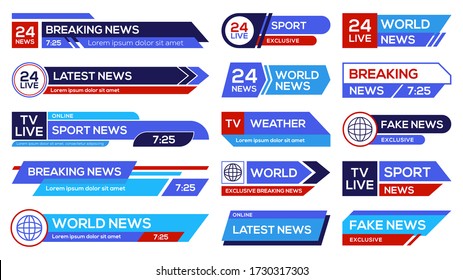 News broadcast emblems set. Headers on lower banners, channels emblems with sport, world, latest, breaking news. Vector illustration for television, TV show concept