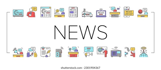 News Broadcasting Collection Icons Set Vector. Reporter Interview And Television, Financial And Sport News, Radio And Newspaper Concept Linear Pictograms. Contour Color Illustrations