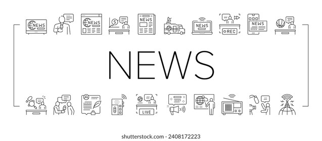 News Broadcasting Collection Icons Set Vector. Reporter Interview And Television, Financial And Sport News, Radio And Newspaper Black Contour Illustrations