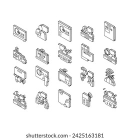 News Broadcasting Collection isometric icons set. Reporter Interview And Television, Financial And Sport News, Radio And Newspaper Concept Linear Pictograms. Contour Color .
