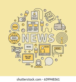 News broadcasting colorful illustration. Vector round concept symbol made with creative icons and word NEWS on yellow background