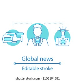 News broadcasting concept icon. Videotaping. Global news idea thin line illustration. Video and photo camera, TV presenter. Vector isolated outline drawing. Editable stroke