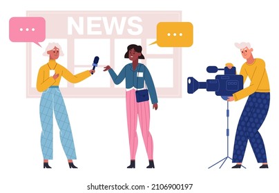 Transmisión de noticias, reportero entrevistado con reportero héroe. Periodista y operador grabando noticias, entrevistando a celebridades en la ilustración vectorial. Flujo de trabajo de medios masivos. Reportero de noticias de medios