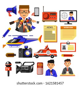 News Broadcasting, Reporting And Streaming, Radio Or Television Media. TV Reporter, Person Giving Interview, Newspaper Press Pass ID Badge And Recording Equipment Icons Set. Vector Illustration.