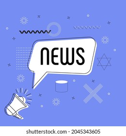 News bubble vector on bright blue background. Comic speech bubble. Cartoon comic explosion. Colorful speech balloon with megaphone.  Massages and talk signs for app, web.