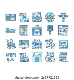 news business communication doodle icons set vector. media press, information headline, online screen, digital world, global, network news business communication sketch hand drawn