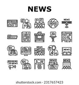 news business communication icons set vector. media press, information headline, online screen, digital world, global, network news business communication black contour illustrations