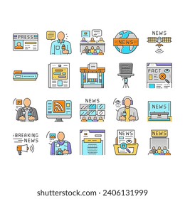 news business communication icons set vector. media press, information headline, online screen, digital world, global, network news business communication color line illustrations