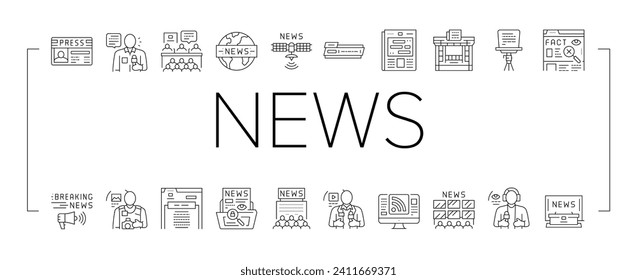 news business communication icons set vector. media press, information headline, online screen, digital world, global, network news business communication black line illustrations