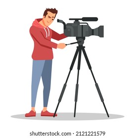 News camera operator semi flat RGB color vector illustration. Mass media occupation. Man operating professional video camera isolated cartoon character on white background